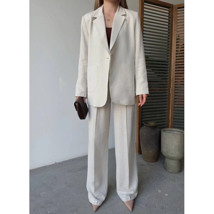 Keten Ceket Pantolon Ikili Takım  Beyaz