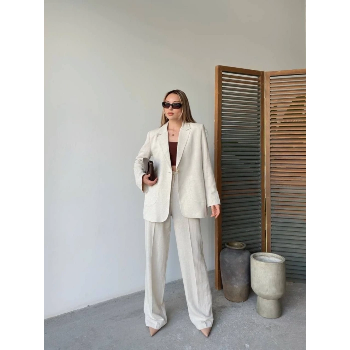 Keten Ceket Pantolon Ikili Takım  Beyaz