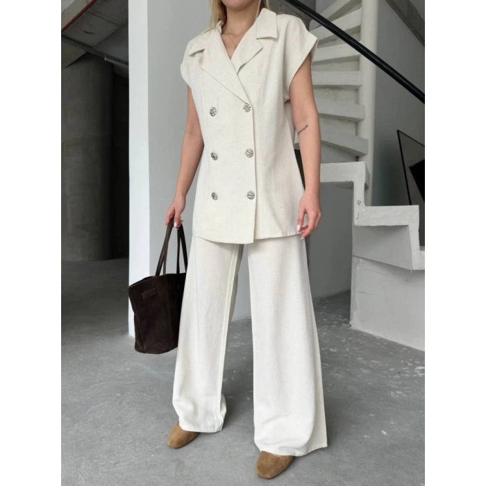 Keten ıfır Kol Blezer Ceket Pantolon Ikili Takım Beyaz