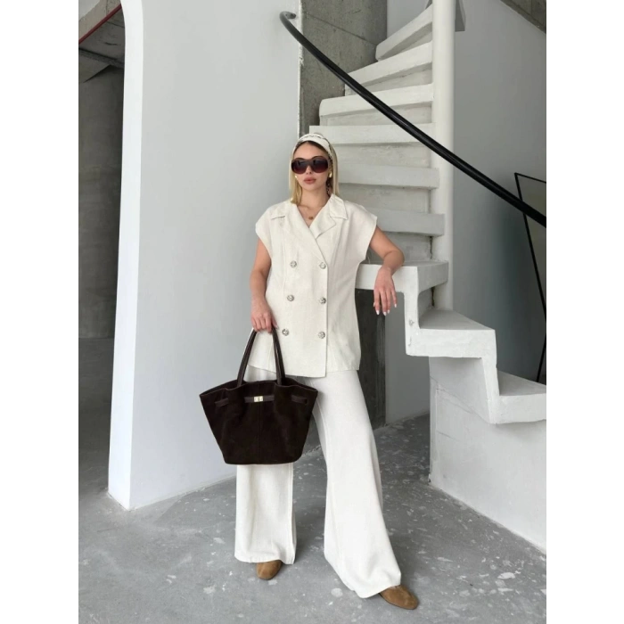 Keten ıfır Kol Blezer Ceket Pantolon Ikili Takım Beyaz