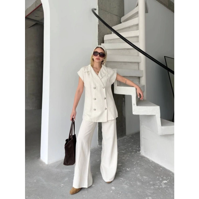 Keten ıfır Kol Blezer Ceket Pantolon Ikili Takım Beyaz