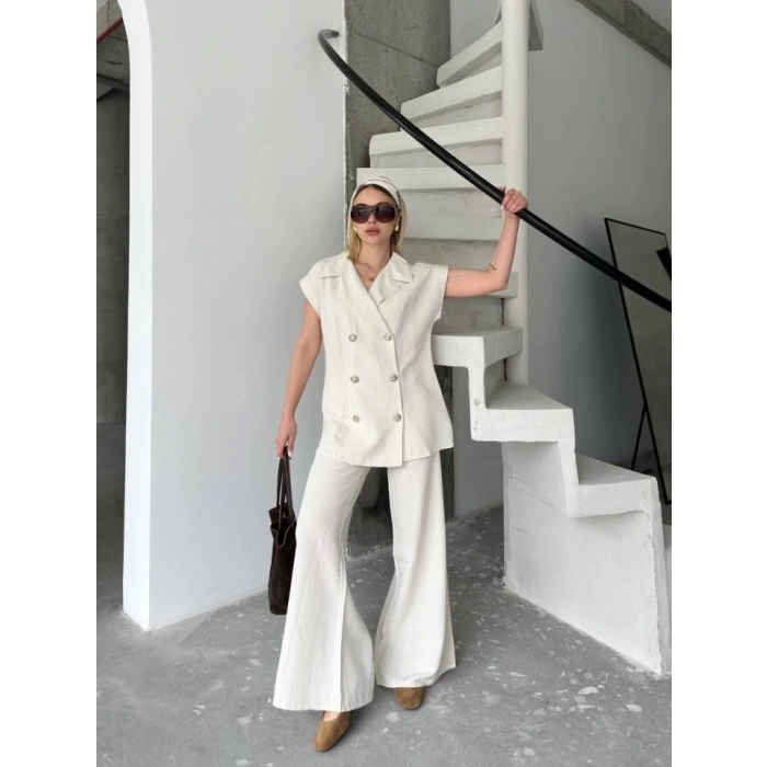 Keten ıfır Kol Blezer Ceket Pantolon Ikili Takım Beyaz