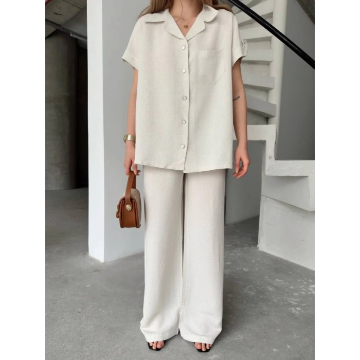 Keten Kısa Kollu Cepli Gömlek Pantolon Ikili Takım  Beyaz