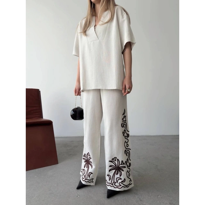 Keten Kısa Kolu  V Yaka Bluz Pantolon Ikili Takım Beyaz