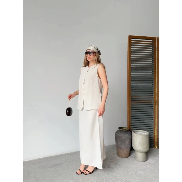 Keten Kolsuz Hırka Etek Ikili Takım Beyaz