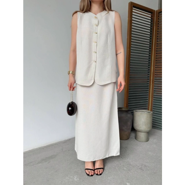 Keten Kolsuz Hırka Etek Ikili Takım Beyaz