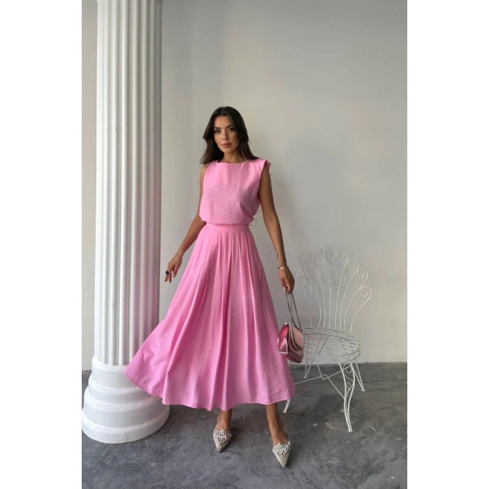 KETEN KOLUZ BLUZ  MAXİ ETEK TAKIM  Pembe