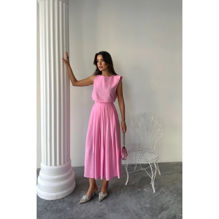 KETEN KOLUZ BLUZ  MAXİ ETEK TAKIM  Pembe