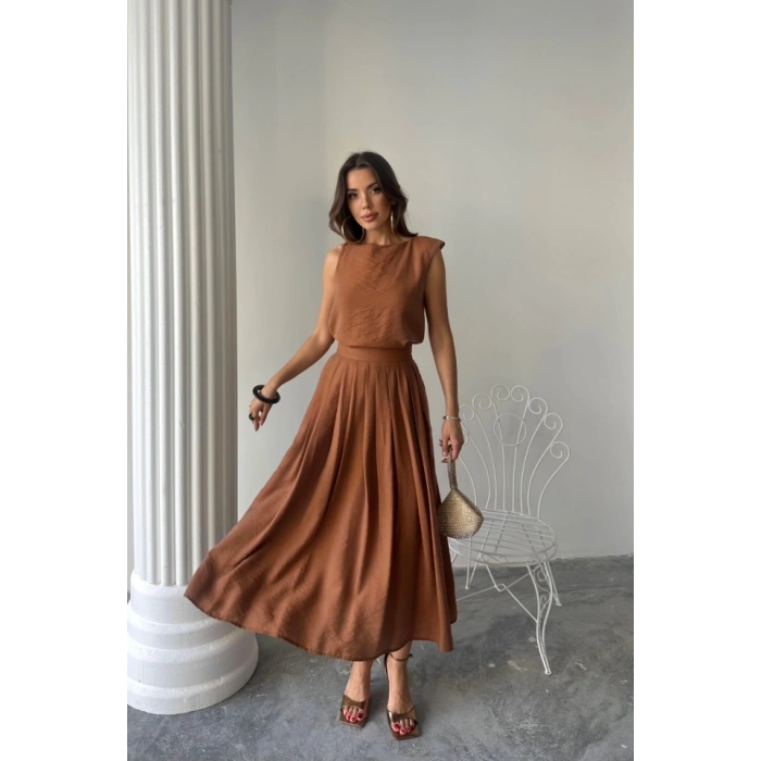 KETEN KOSUZ BUZ  MAXİ ETEK TAKIM  Kahverengi