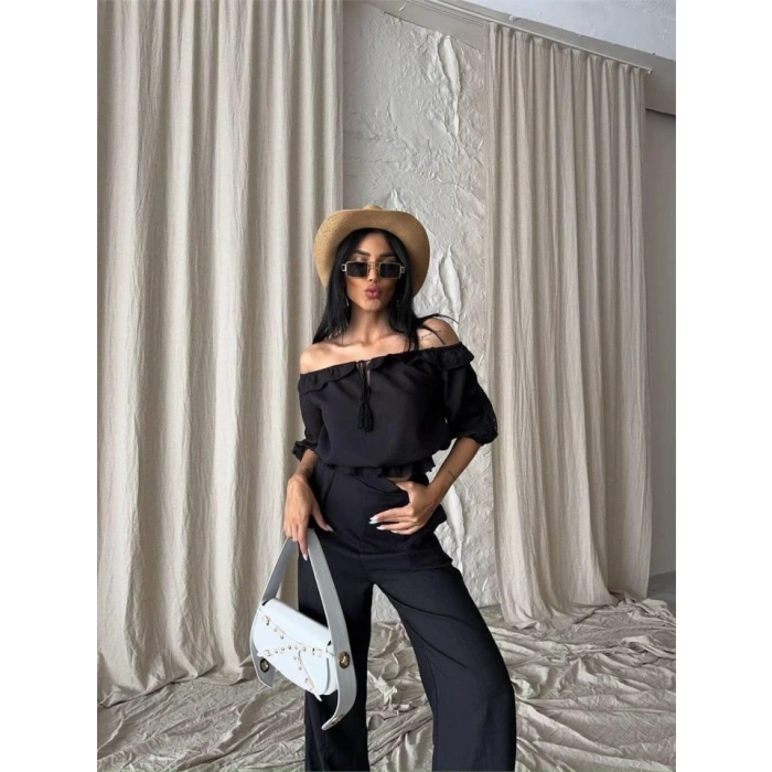 KETEN MADONNA YAKA KO HAIR ŞERİT  PANTOON TAKIM  iyah