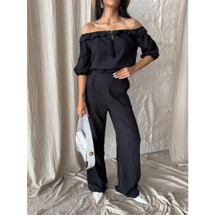 KETEN MADONNA YAKA KO HAIR ŞERİT  PANTOON TAKIM  iyah