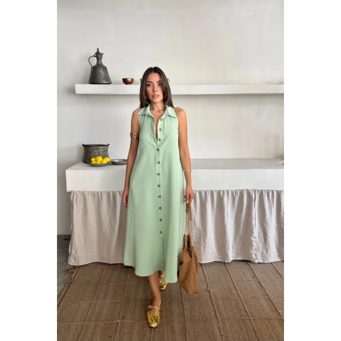 KETEN ÖNDEN DÜĞMELİ KOLUZ GÖMLEK YAKA ELBİE  Mint