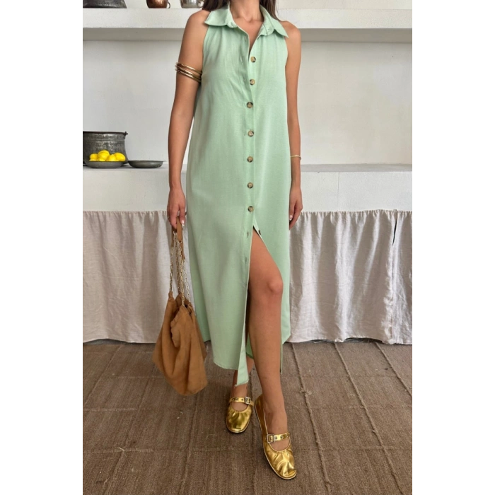 KETEN ÖNDEN DÜĞMELİ KOLUZ GÖMLEK YAKA ELBİE  Mint