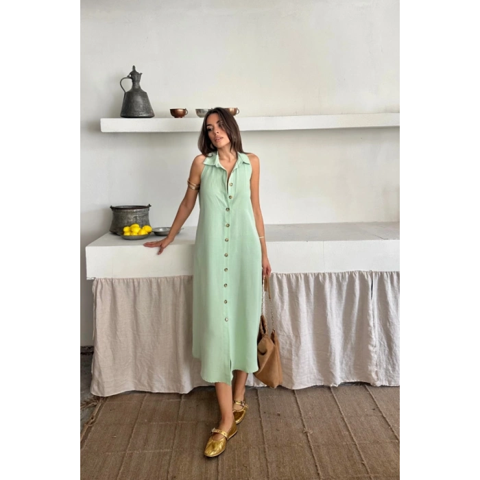 KETEN ÖNDEN DÜĞMELİ KOLUZ GÖMLEK YAKA ELBİE  Mint