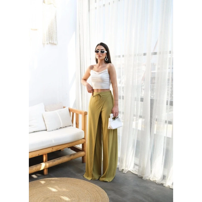 Keten Önü Çapraz Parçali asti̇kli̇ Ve Bağcikli Geni̇ş Paça Pantolon