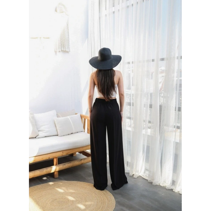 Keten Önü Çapraz Parçali Lasti̇kli̇ Ve Bağcikli Geni̇ş Paça Pantolon