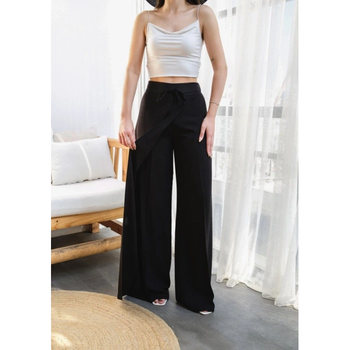 Keten Önü Çapraz Parçali Lasti̇kli̇ Ve Bağcikli Geni̇ş Paça Pantolon