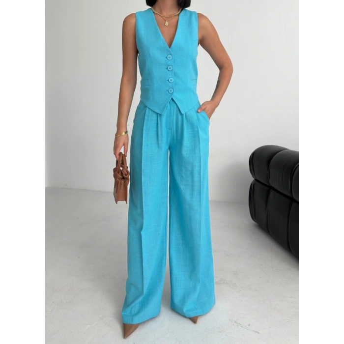 Keten Sirti Çapraz Geçi̇şli̇ Cepken Pantolon Takim