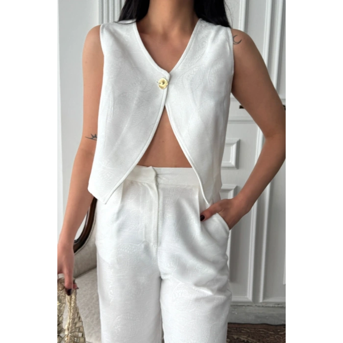 KETEN TEK DÜĞE YEEKPANTOON TAKI  Beyaz