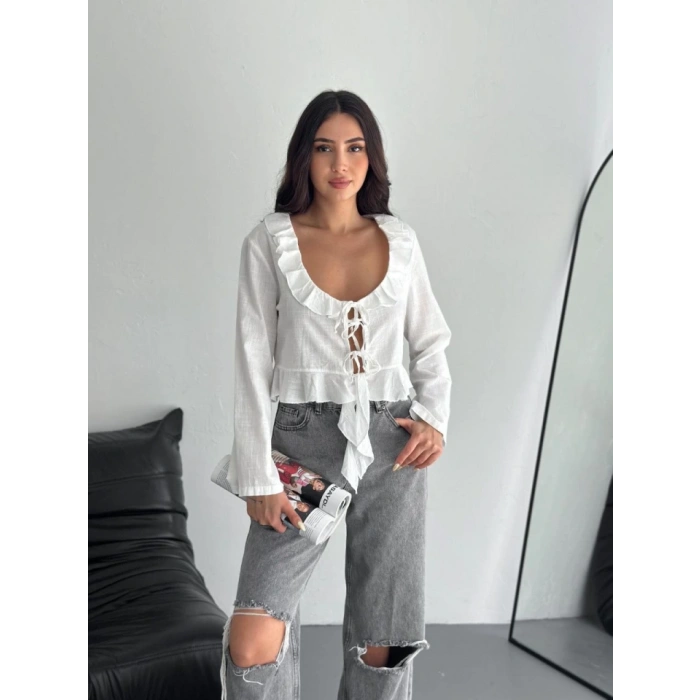 Keten Uzun Kol Bağacık Detaylı Bluz  Beyaz