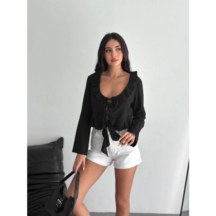 Keten Uzun Kol Bağacık Detaylı Bluz  iyah
