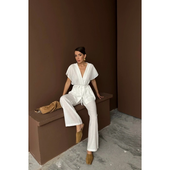 KETEN V YAKA BEDEN BAĞAAI BUZPANTOON TAKI  Beyaz