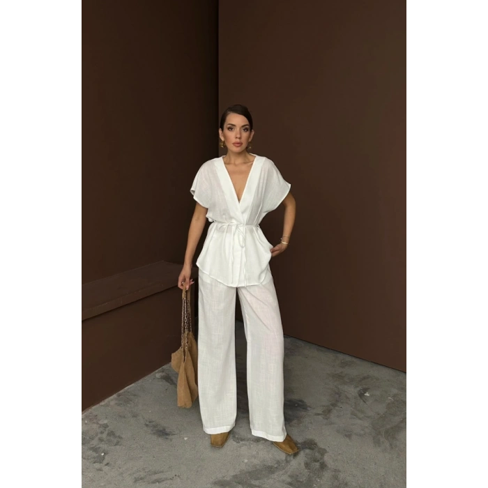 KETEN V YAKA BEDEN BAĞAAI BUZPANTOON TAKI  Beyaz