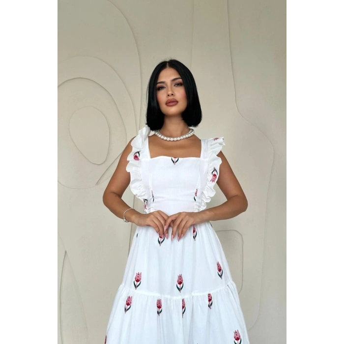 Kırmızı ıfır Kol Fırfırlı Elbise