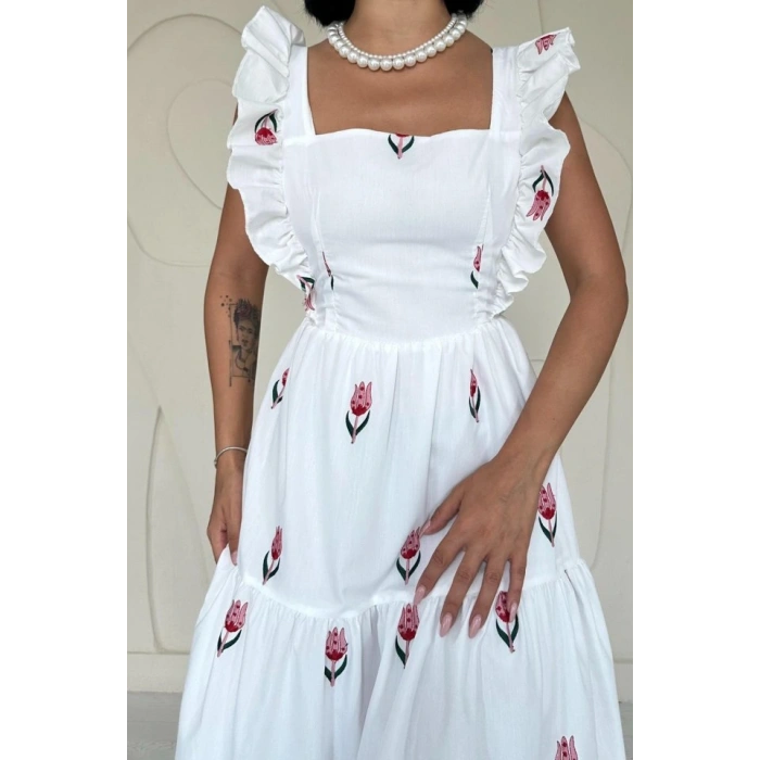 Kırmızı ıfır Kol Fırfırlı Elbise