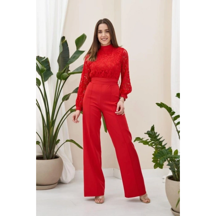 Kırmızı Üstü Dantel Tulum