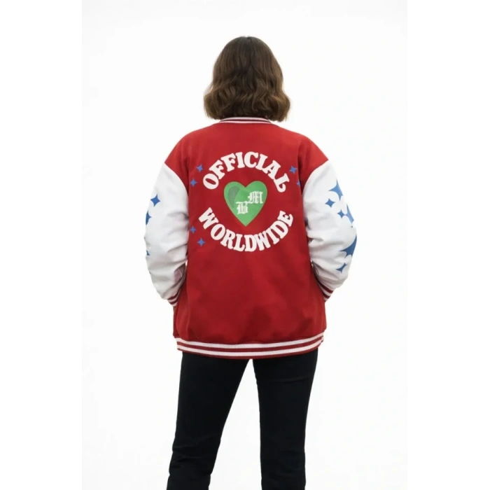 Kırmızı Varsity Çıtçıtlı Baskılı Oversize Kalıp Kolej Ceket  Kırmızı