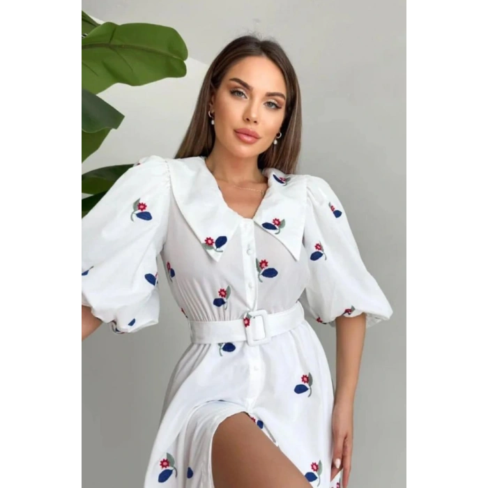 Kırmızı Yakası Çiçek otifli Kemerli Elbise