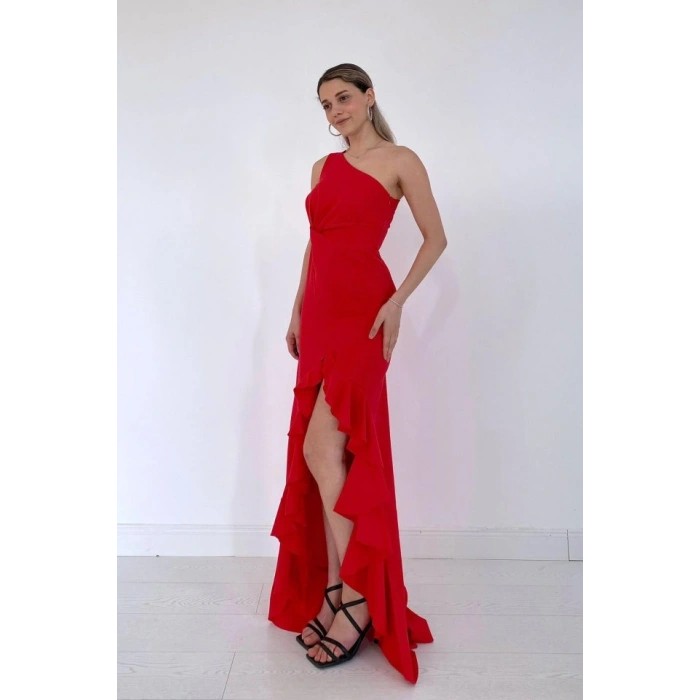 Kırmızı Yırtmaçlı Volanlı Elbise