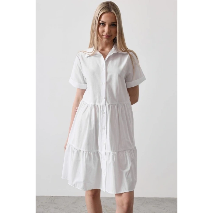 Kısa Kol Düğmeli Elbise  Beyaz
