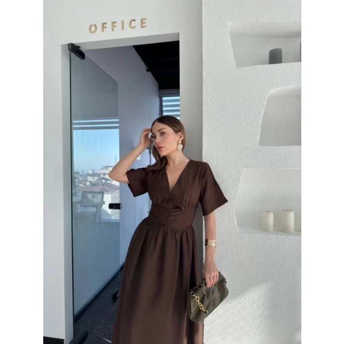 Kısa Kollu Uzun Elbise  Kahve