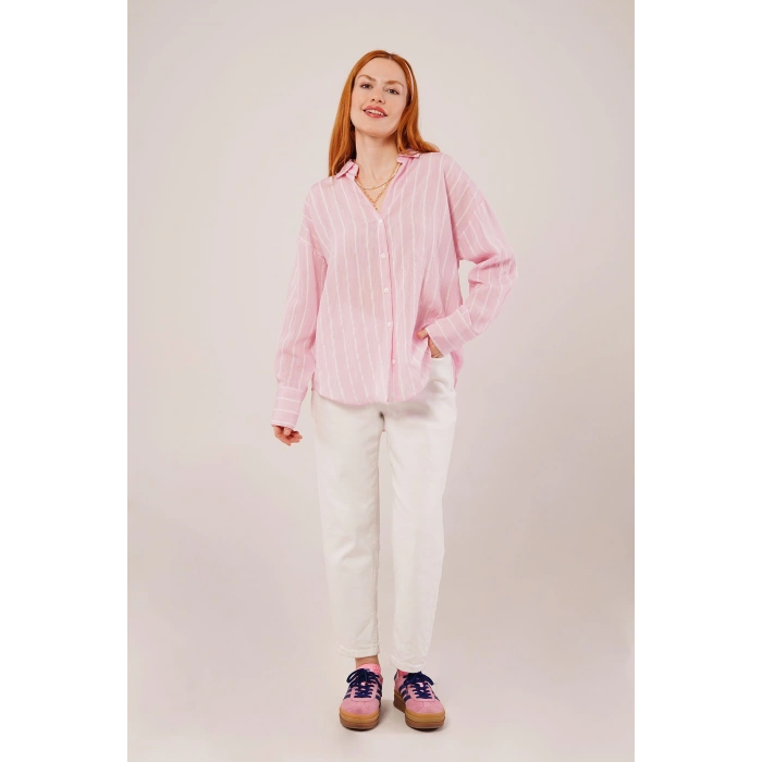 Kol Düğmeli Çizgili Pembe Gömlek