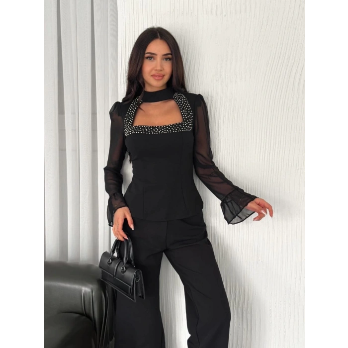 Kolları Şifon Göğüste İnci Boncuk Detaylı Bluz  iyah