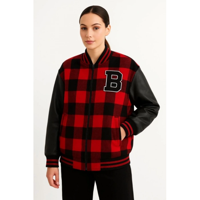 Kolları uni Deri Içi Astarlı Oduncu Kolej Içi Ceket  Bordo