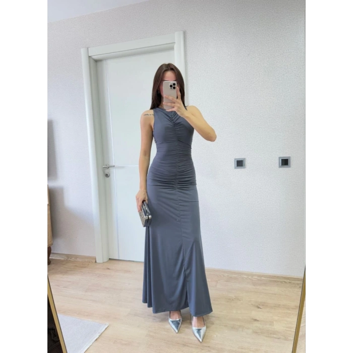 Kolsuz Büzgülü Uzun Elbise  Füme