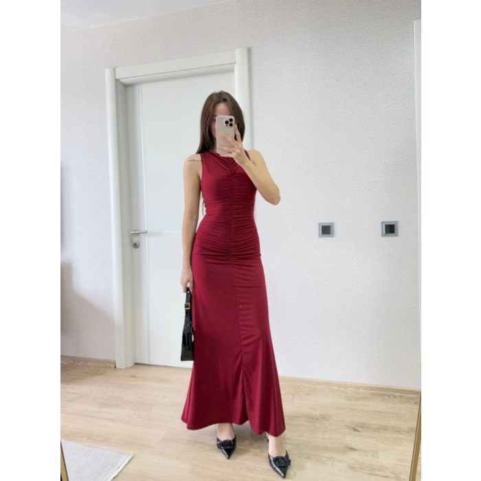 Kolsuz Büzgülü Uzun Elbise  Kırmızı