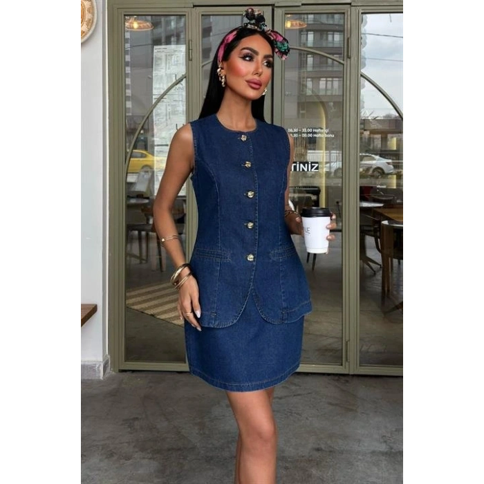Kolsuz Yelekli Mini Etekli Denim Takım 10164