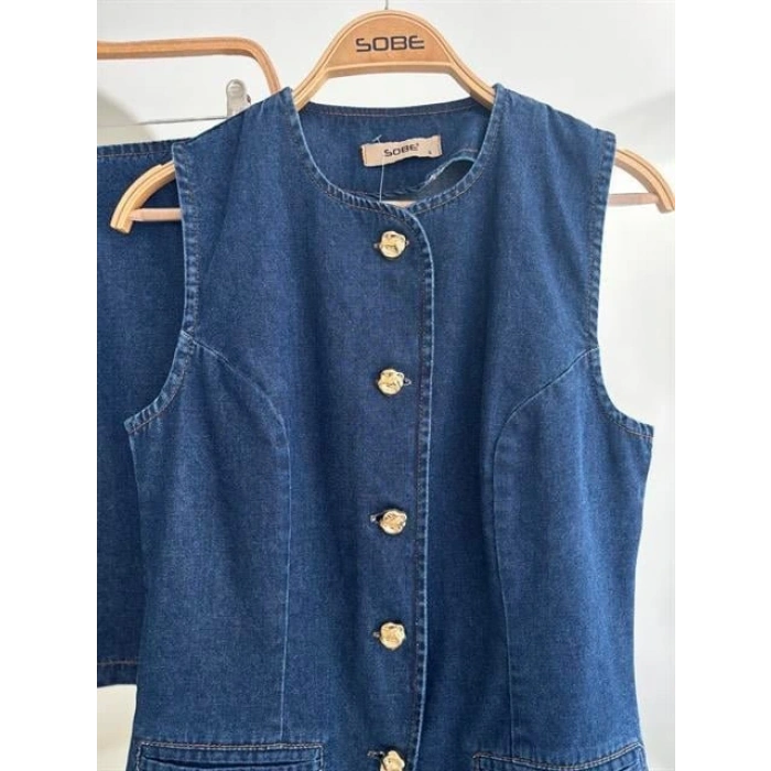Kolsuz Yelekli Mini Etekli Denim Takım 10164