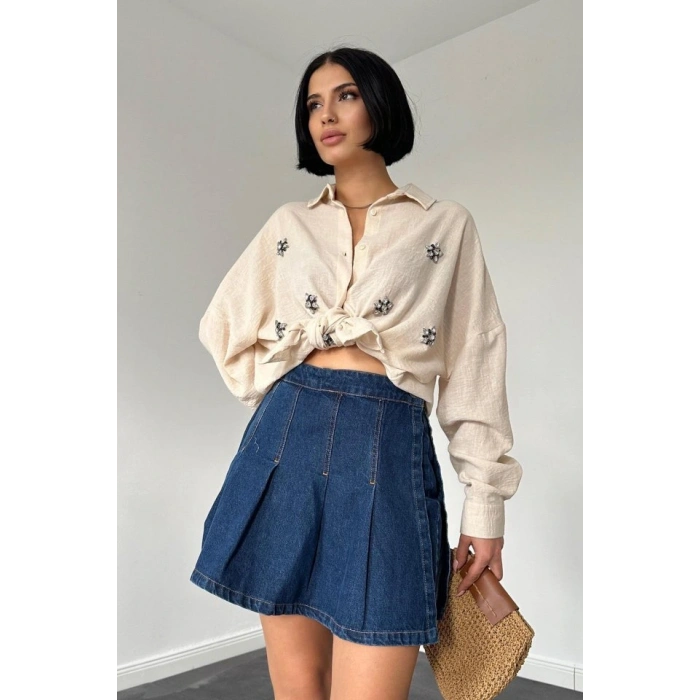 Krem Taş İşlemeli Gömlek
