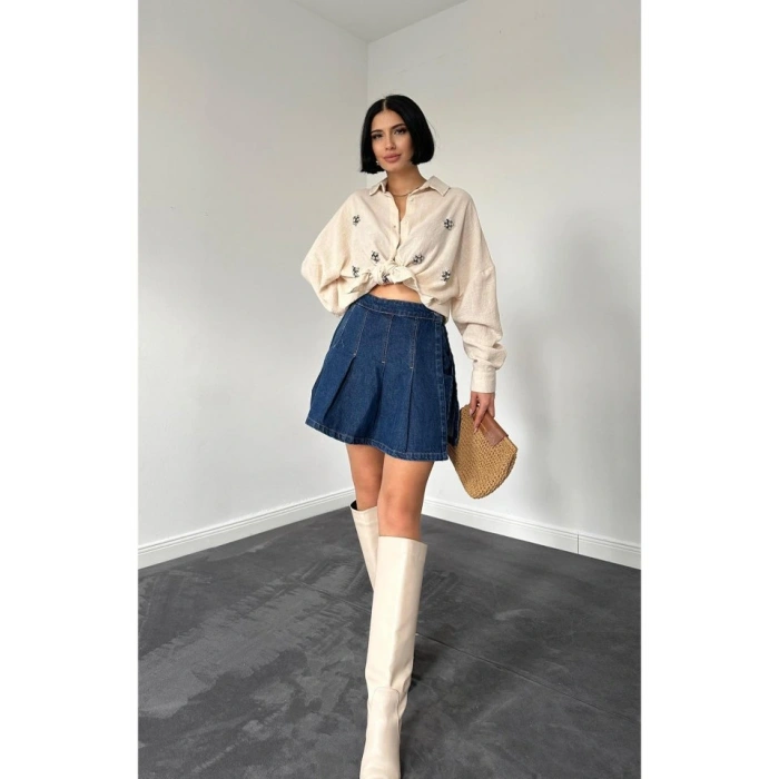 Krem Taş İşlemeli Gömlek