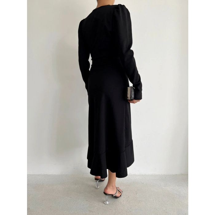 Krep Kumaş idi Boy Kuşaklı Uzunkol Elbise 113 Cm