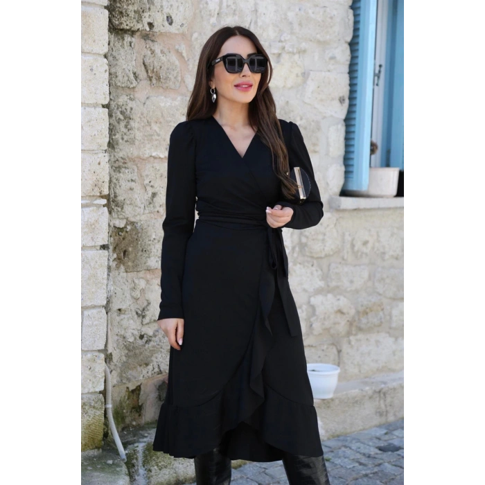 Krep Kumaş idi Boy Kuşaklı Uzunkol Elbise 113 Cm