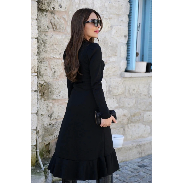 Krep Kumaş idi Boy Kuşaklı Uzunkol Elbise 113 Cm