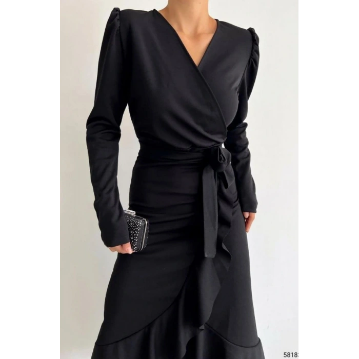 Krep Kumaş idi Boy Kuşaklı Uzunkol Elbise 113 Cm