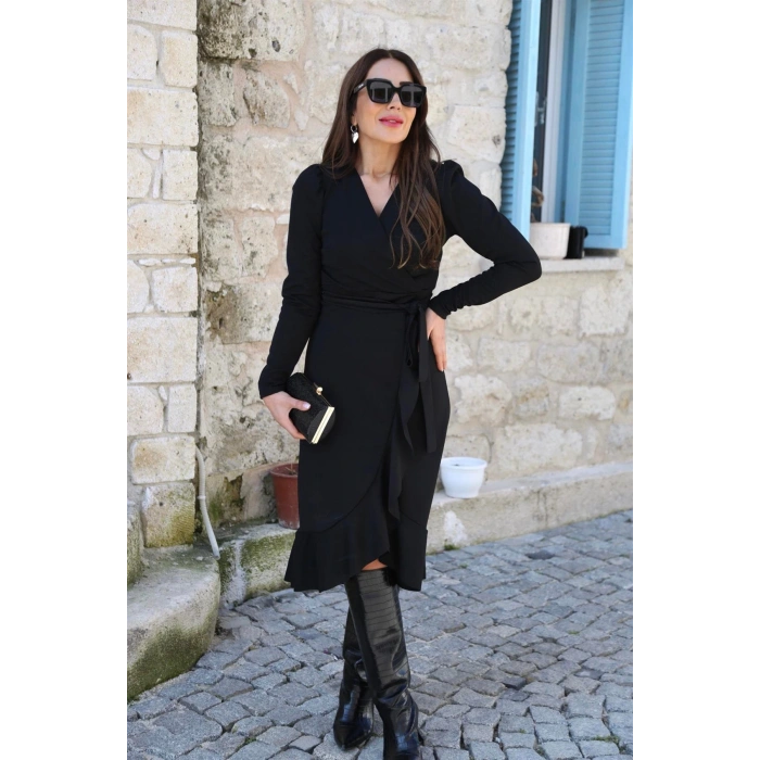 Krep Kumaş idi Boy Kuşaklı Uzunkol Elbise 113 Cm