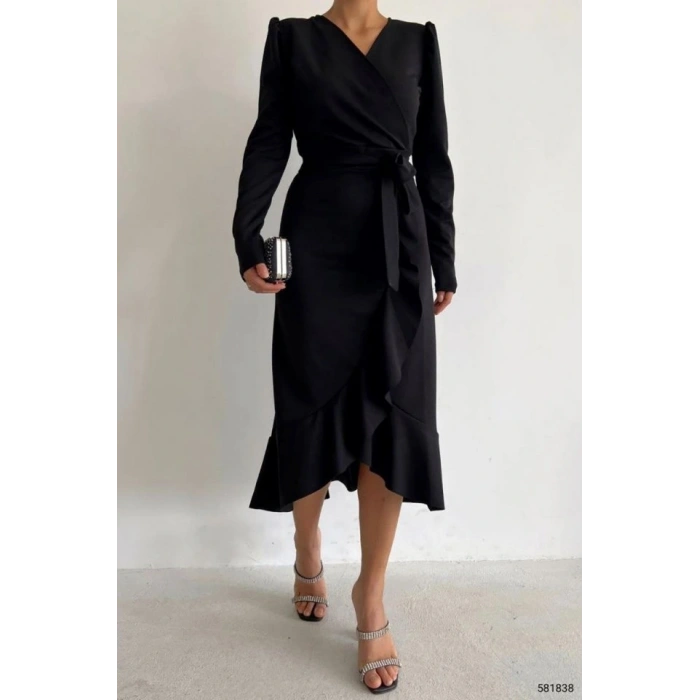 Krep Kumaş idi Boy Kuşaklı Uzunkol Elbise 113 Cm